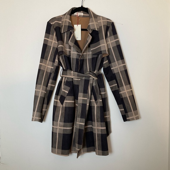 Solitaire | Belted Plaid Jacket | Brown | Faux Suede | Trench | NWT | Large - Picture 4 of 16